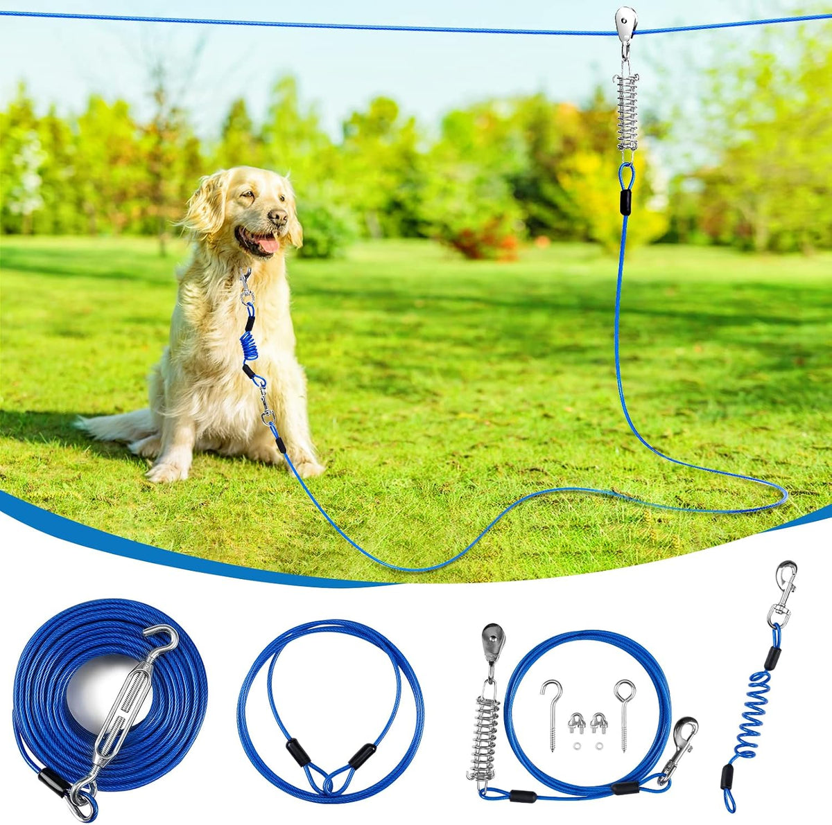 Dog Runner for Yard,Double Shock Absorption Dog Trolley System for Large Dogs,Heavy Duty 50FT Tie Out Run Cable with 10FT Leads,for Dogs Up to 250LBS,Aerial Zipline for Outside,Camping