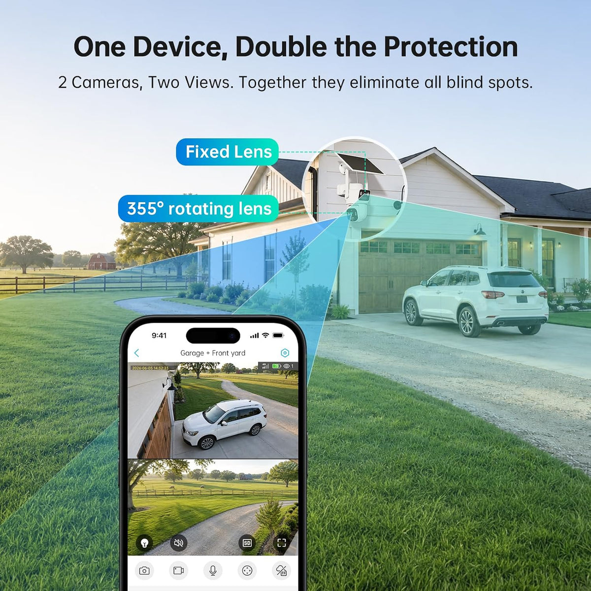 ELYSOO Dual Lens 4G LTE Cellular Security Camera, 2K HD Video, No WiFi Needed, 360° View Camera with Night Vision, Easy to Install, PIR Alarm, Built-in SIM Card(Supports Verizon/AT&T/T-Mobile) - White