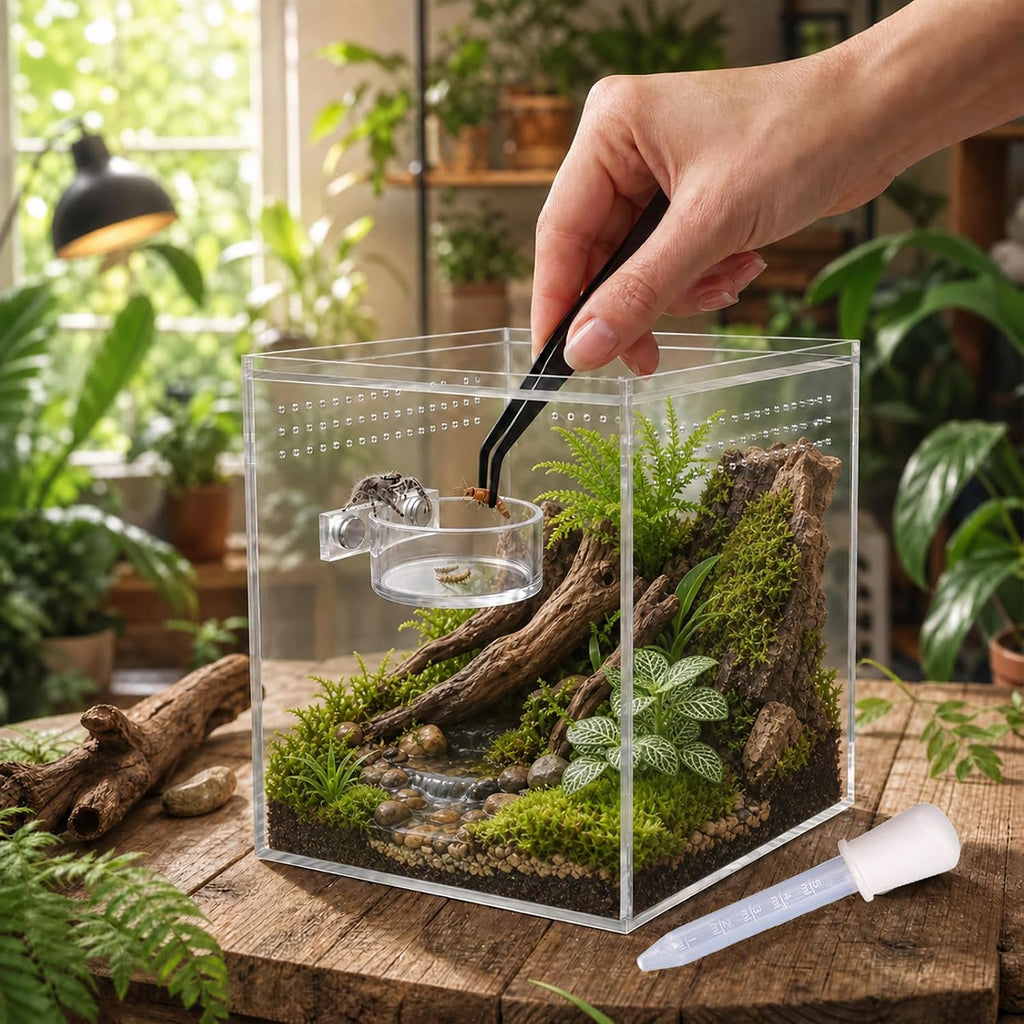Jumping Spider Accessories Set, 5PCS Magnetic Cotton Rope Swing Hammock with Acrylic Feeding Water Dish, Tweezers and Dropper, Terrarium Habitat Decor for Spiders Tarantula Mantis