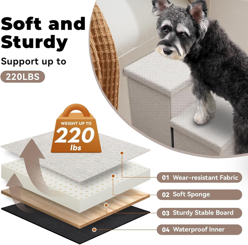 Zerbuger 4 Step Beige Dog Stairs with Storage, 23" High Folding Pet Steps