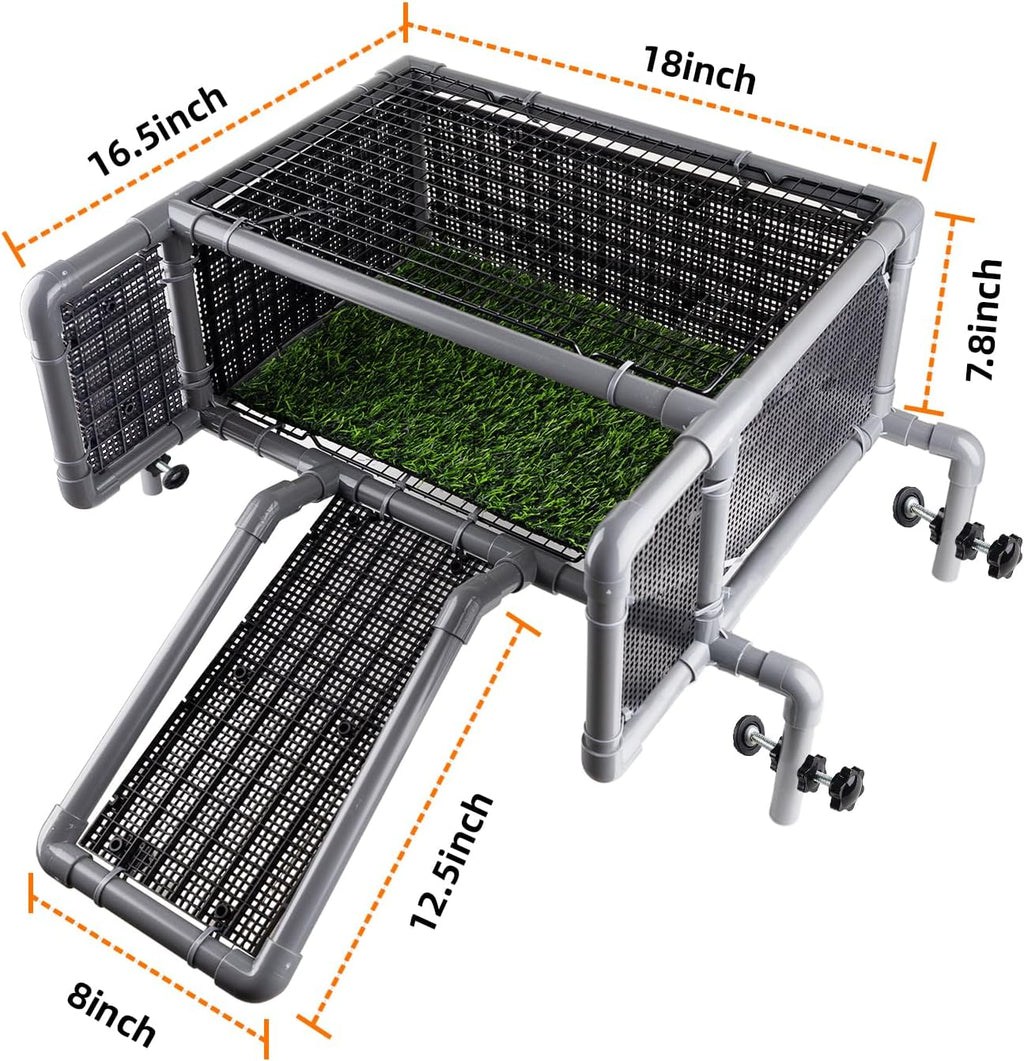 Escape-Proof Turtle Basking Dock Above Tank, Enclosed Ramp Grass Aquarium Tank Accessory