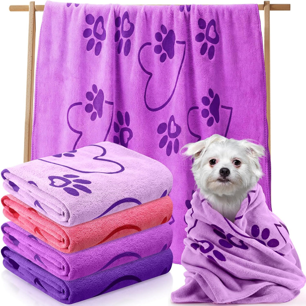 Fanfanwin 4 Pcs Dog Bath Towels Microfiber Drying Dog Towel Absorbent Pet Heart Paw Towels for Medium Dogs Puppy Cats Pets Shower(Blue, Yellow, Pink, Apple Green)