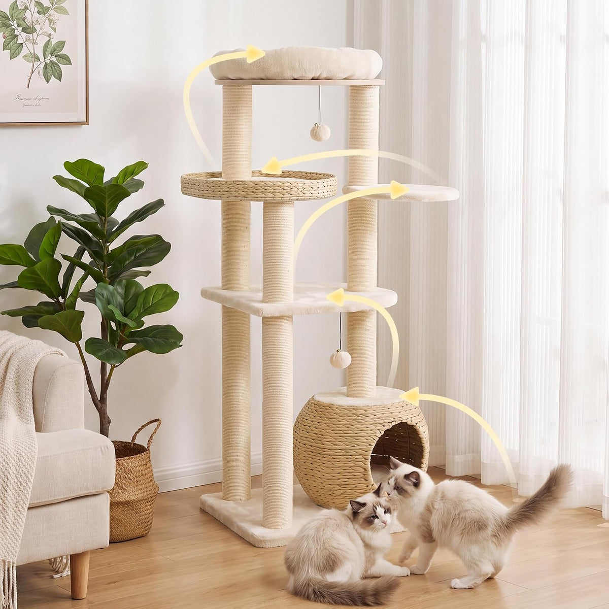 44.8in Modern Cat Tree, White Cat Condo Cats Tower with Cozy Bed & Sisal Scratching Posts, Scratching Ramp and Comfort Basket for Indoor Cats