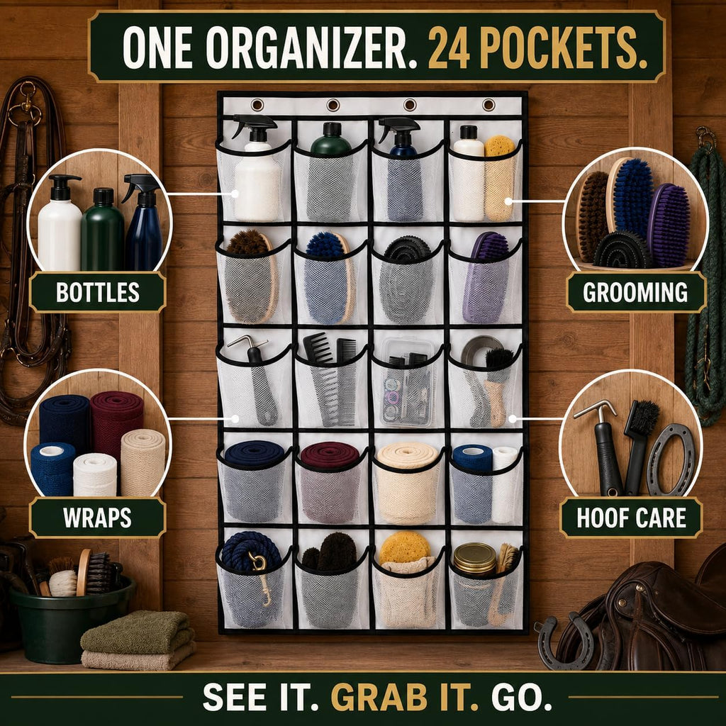 22" x 59" Extra-Large Horse Tack Organizer for Horse Tack Room Organization - Massive 24-Pocket Hanging Tack Bag, 3-in-1 Mounting, Horse Barn Accessories & Stable Storage
