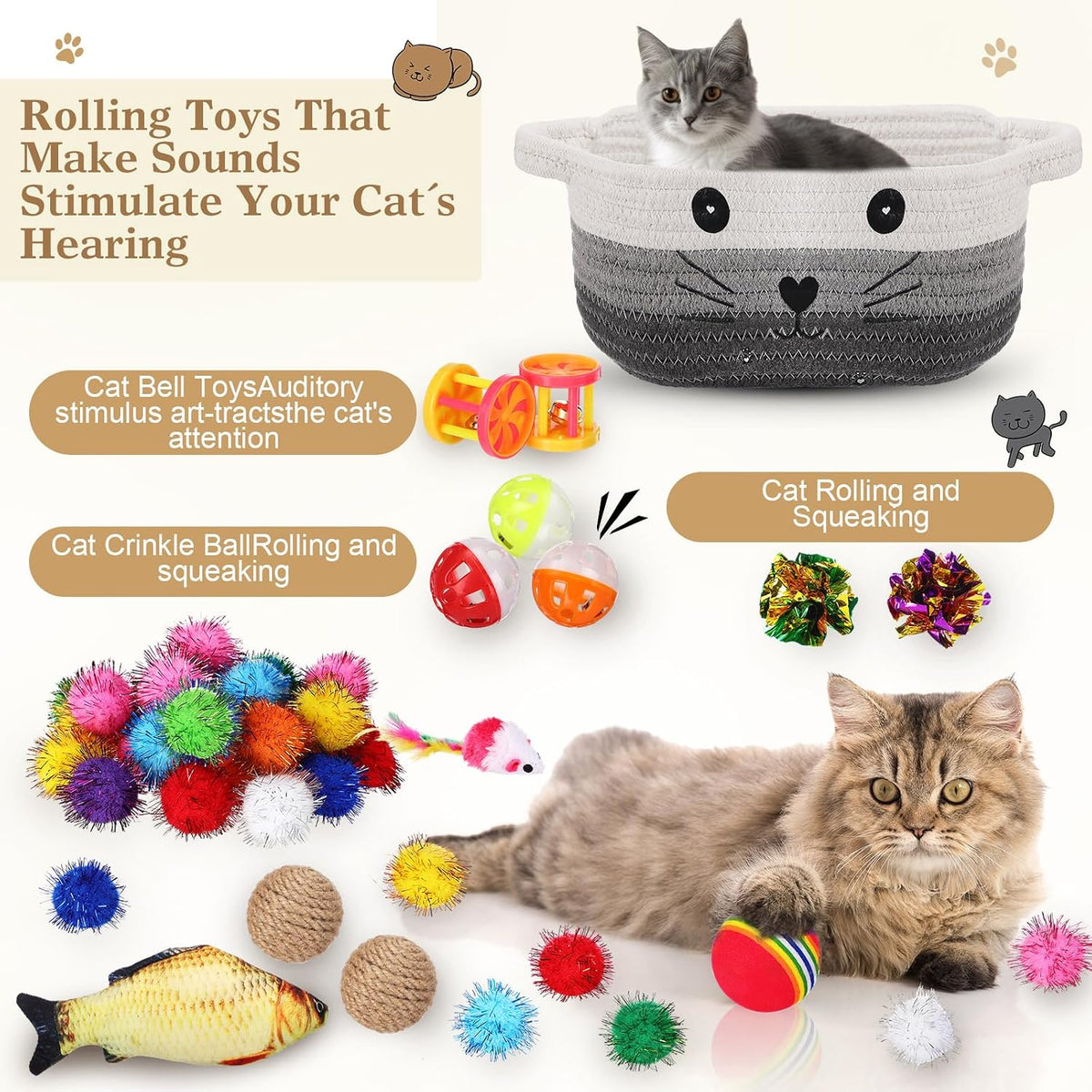 Zopeal 58 Pcs Cat Toy Set with Storage Basket Indoor, Multicolor, 12 Inch
