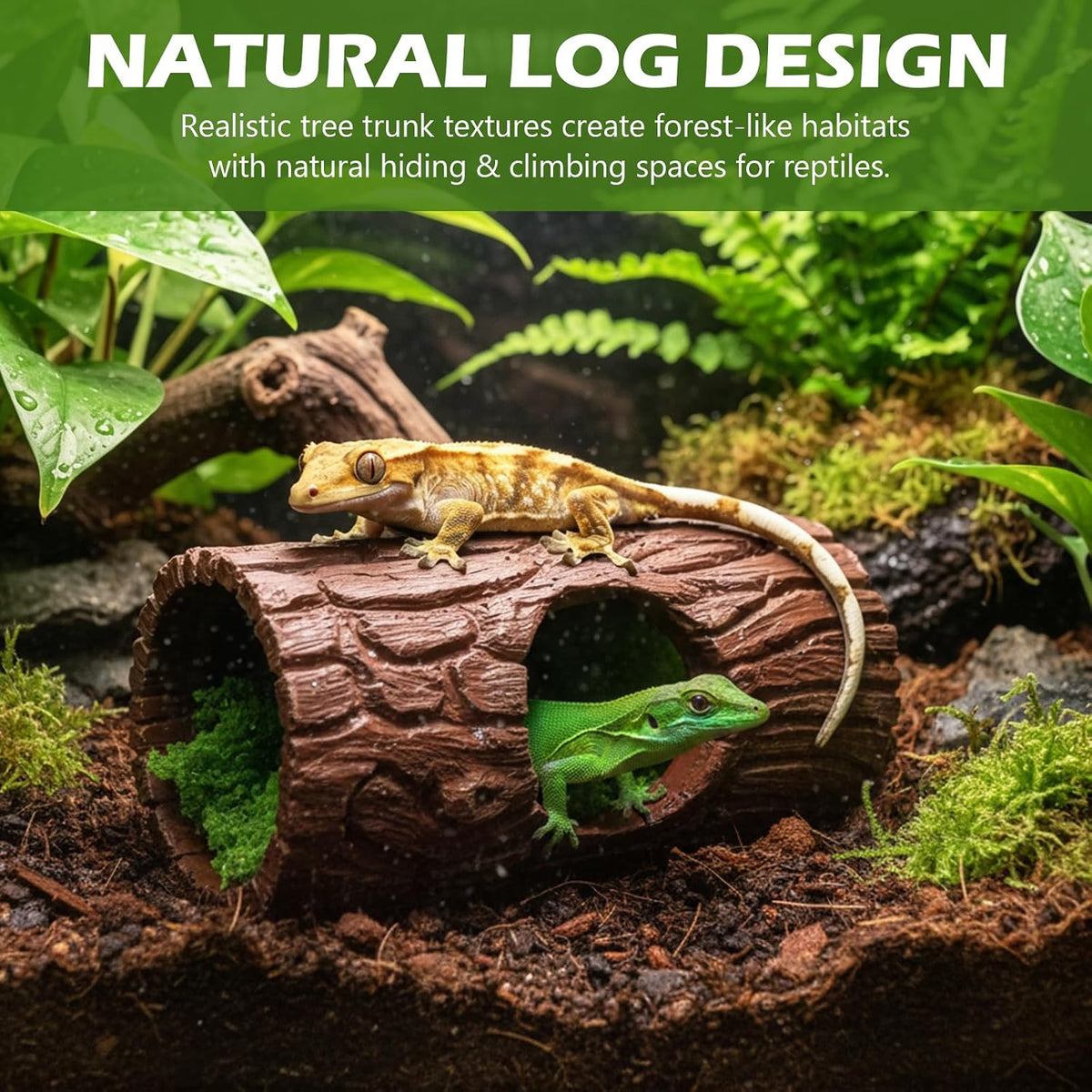 Reptile Hide Cave, Resin Hollow Tree Trunk Hideout with Faux Moss Set, Reptile & Amphibian Habitat Hideouts, for Arboreal Reptiles, Hermit Crabs, Leopard Gecko, Lizard Terrarium Decor