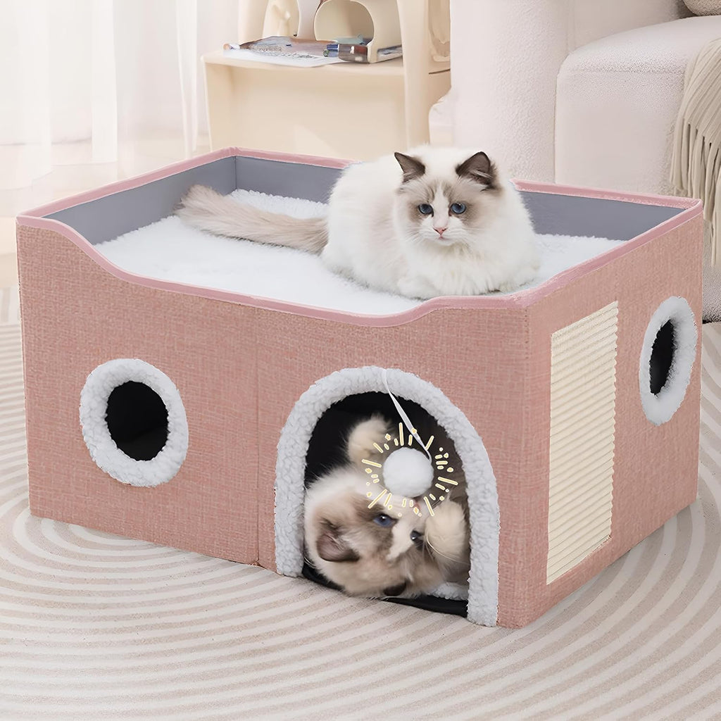 Loyareal Cat Houses for Indoor Cats - Large Cat Bed Cave with Scratch Pad and Fluffy Ball, Foldable Cat Condo Hideaway with Reversible Cushion for Multi Small Pet, Dark Grey