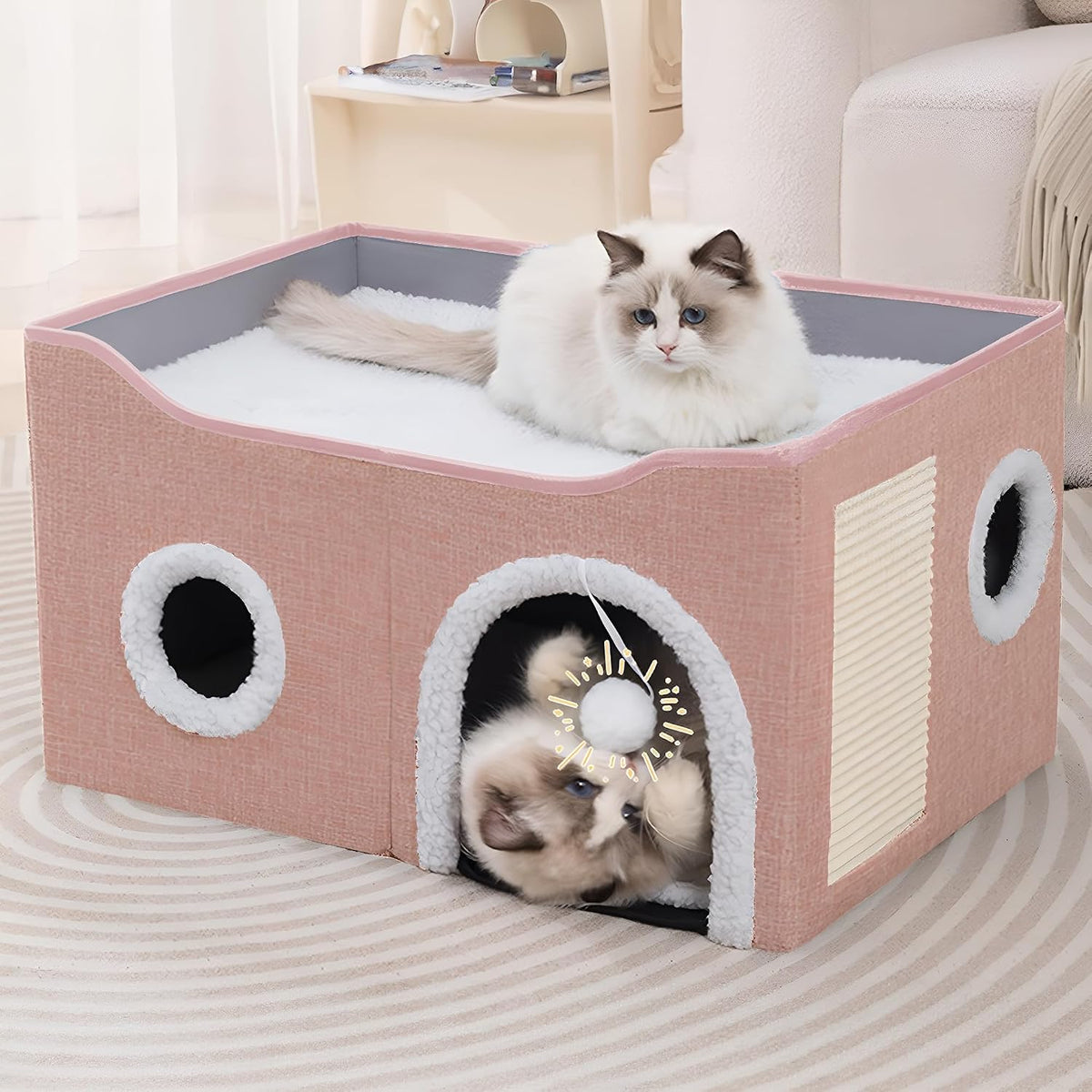 Loyareal Cat Houses for Indoor Cats - Large Cat Bed Cave with Scratch Pad and Fluffy Ball, Foldable Cat Condo Hideaway with Reversible Cushion for Multi Small Pet, Dark Grey