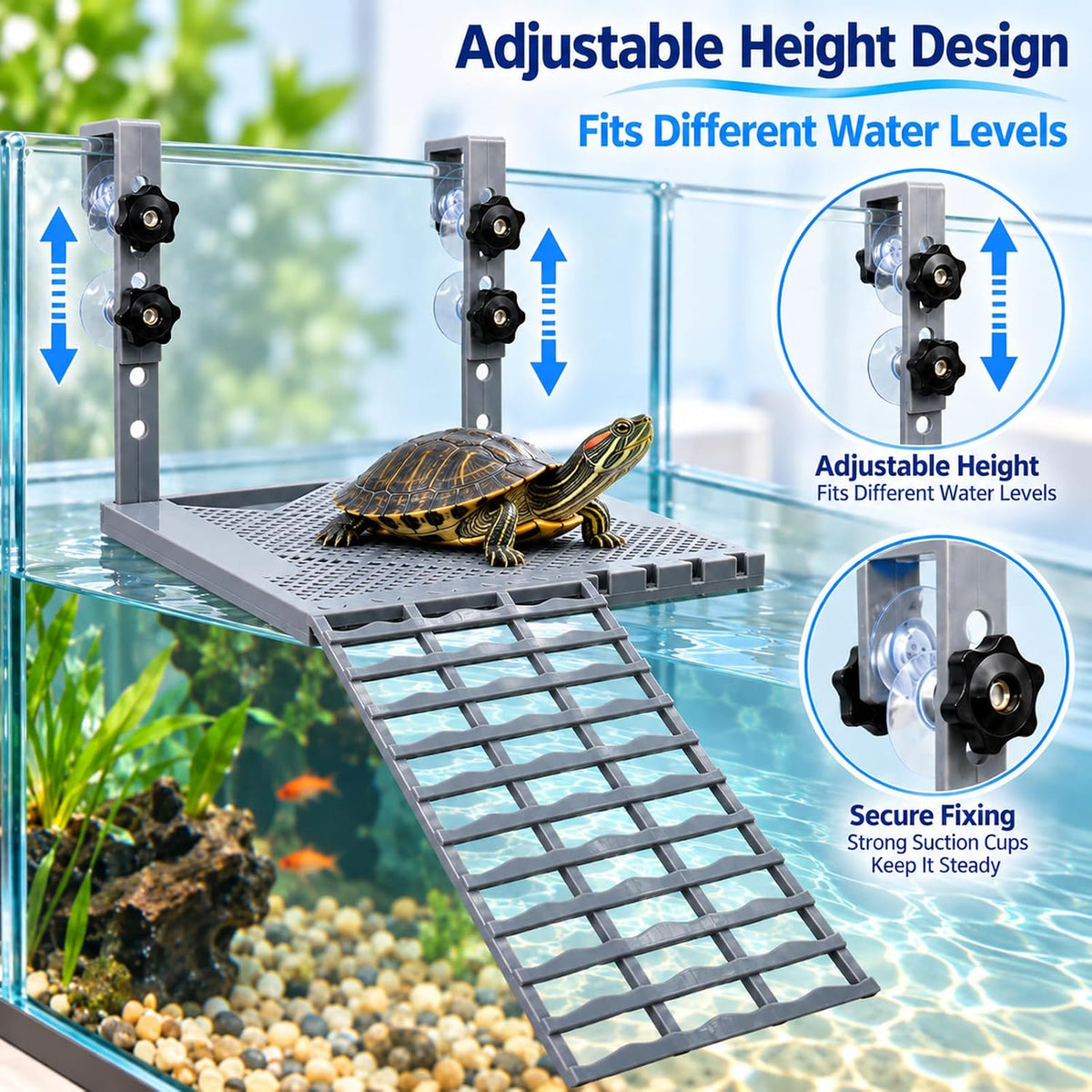 Turtle Basking Platform with Ramp & Food Tray, Adjustable Height