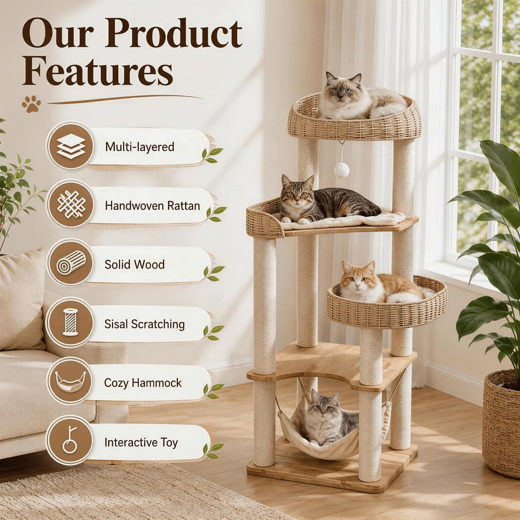 62in Wood Cat Tree for Large Cats, Heavy Duty Tall Cat Tower