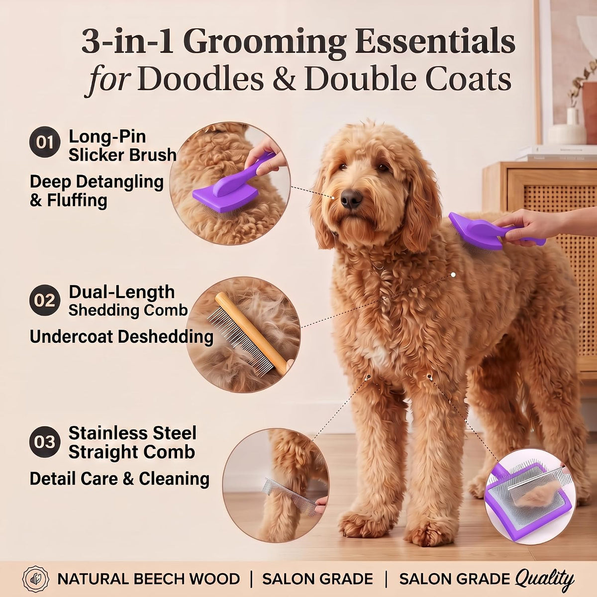 Slicker Brush for Dogs - 3-Piece Grooming Brush Set, Purple