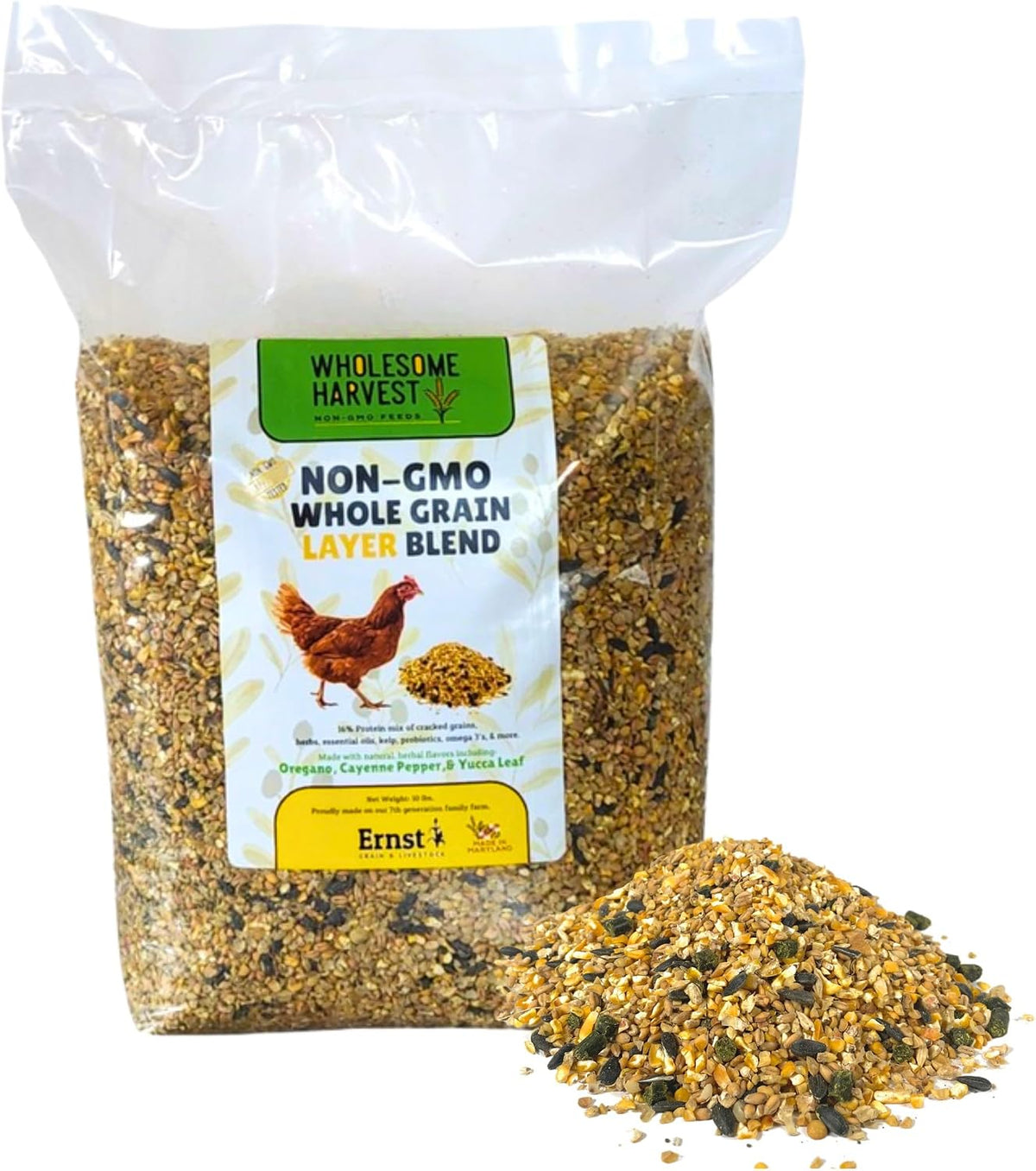 Non-GMO Whole Grain Layer Blend 16% - Chicken Feed for Laying Hens and Ducks - Includes Essential Oils, Herbs, Oyster Shells, Vital Minerals, and Omega 3, 10lb
