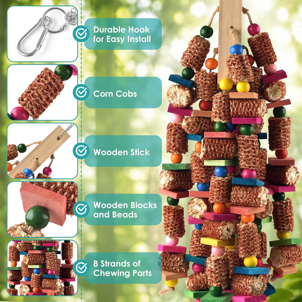 DBNESS Bird Toys for Parrots, 22in Large Parrot Chew Toys Natural Wood and Corn Cob Hanging Chewable Shredding Toy for Bird Cage, Foraging Toy for Macaws African Greys Cockatoos Amazons