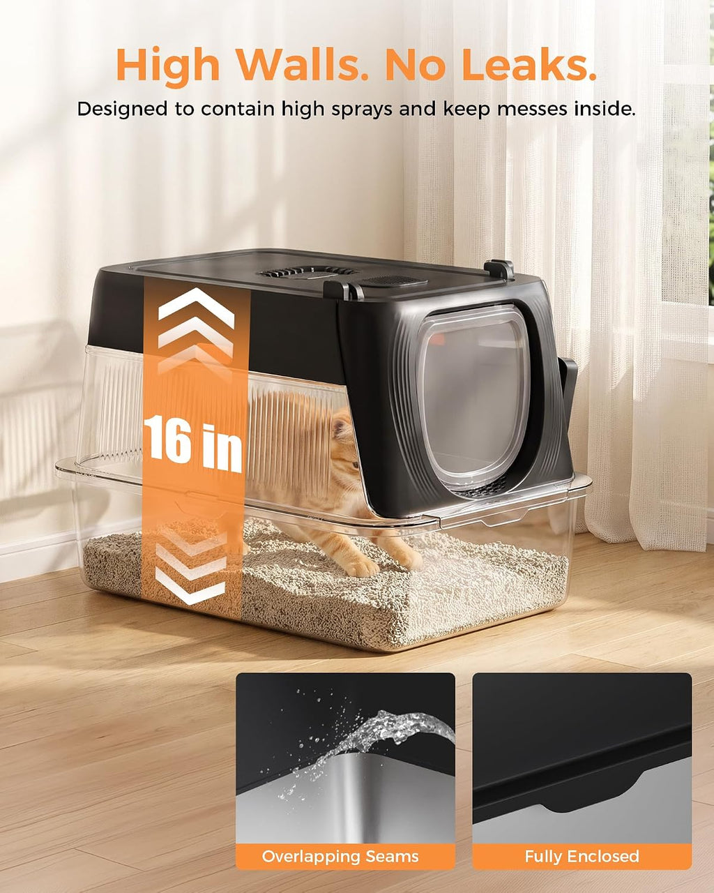 XL Extra Large, High Sided Enclosed Cat Litter Box, Activated Carbon Odor Control, Anti-Leak, Mat Scoop & Step, Black