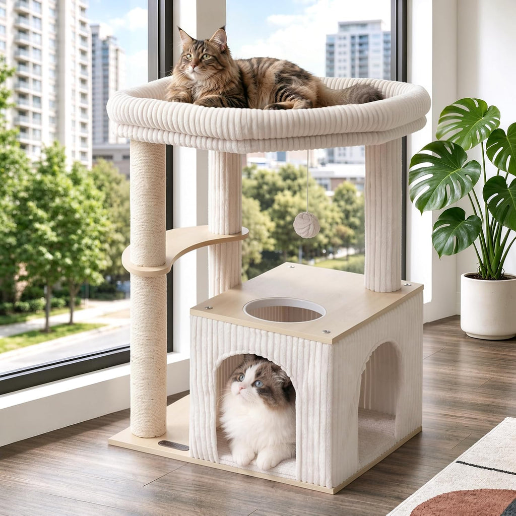 Wood Cat Tree for Large Cats, Modern Cat Tower with Condo, Removable Washable Perch Bed for Indoor and Senior Cats, Beige