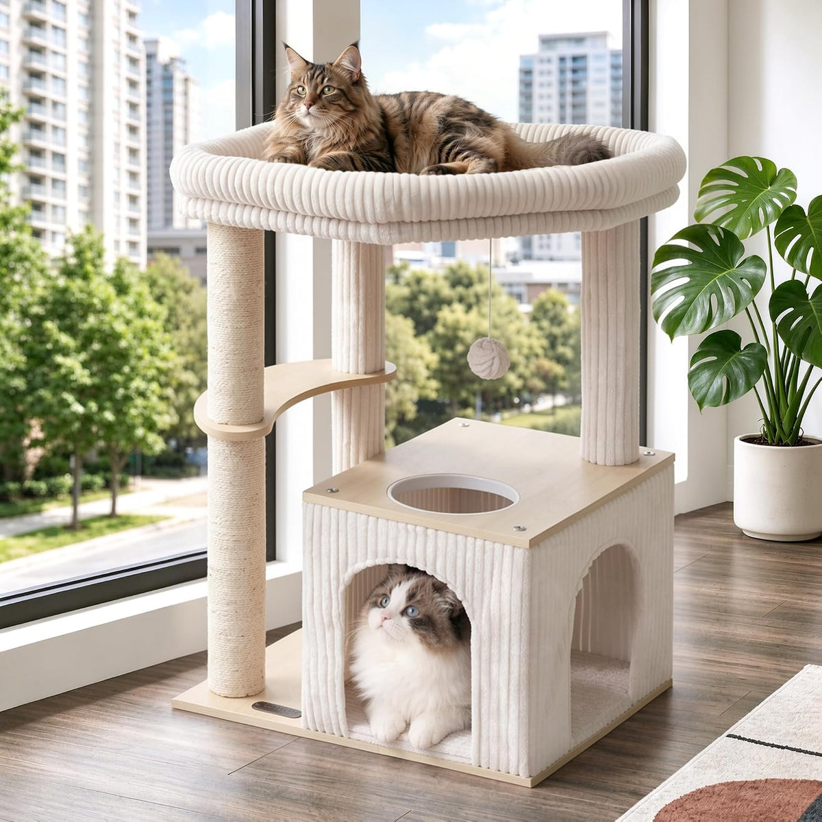 Wood Cat Tree for Large Cats, Modern Cat Tower with Condo, Removable Washable Perch Bed for Indoor and Senior Cats, Beige