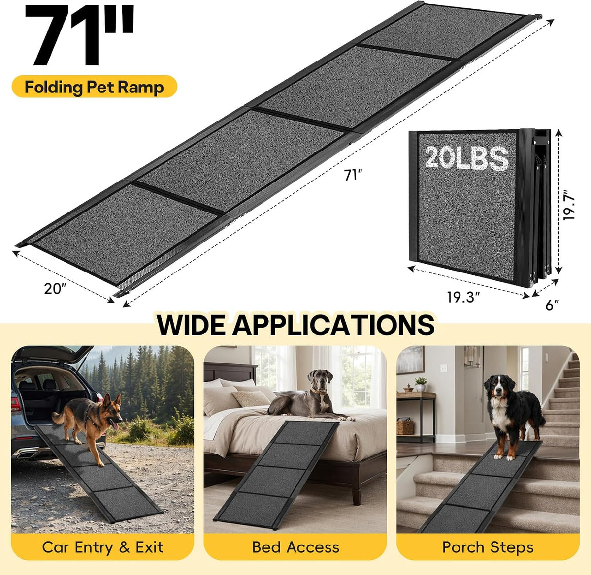 Dog Ramp for Large Pets, 71" L x 20" W, 300LBS Capacities Aluminum Pet Ramp