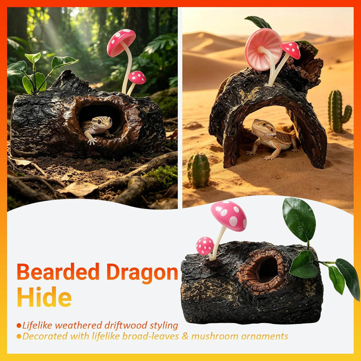 Bearded Dragon Tank Accessories, Natural Forest Tree Stump Reptile Hide