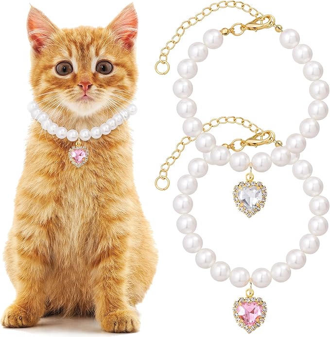 2pcs Cat Dog Pearl Collar, Small Heart Shape Rhinestone Pet Necklace, by Unknown