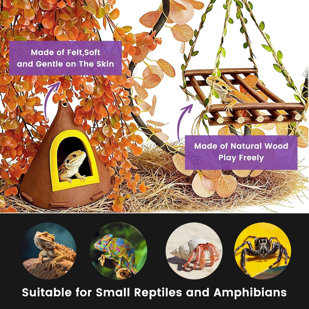 Daily Treasures Fall Reptile Terrarium Decoration,with Felt Hideout&Hammock
