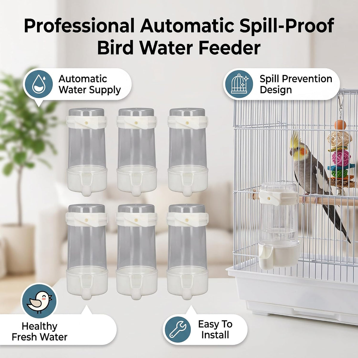 Plastic Bird Water Feeder, Spill-Proof Hanging Dispenser