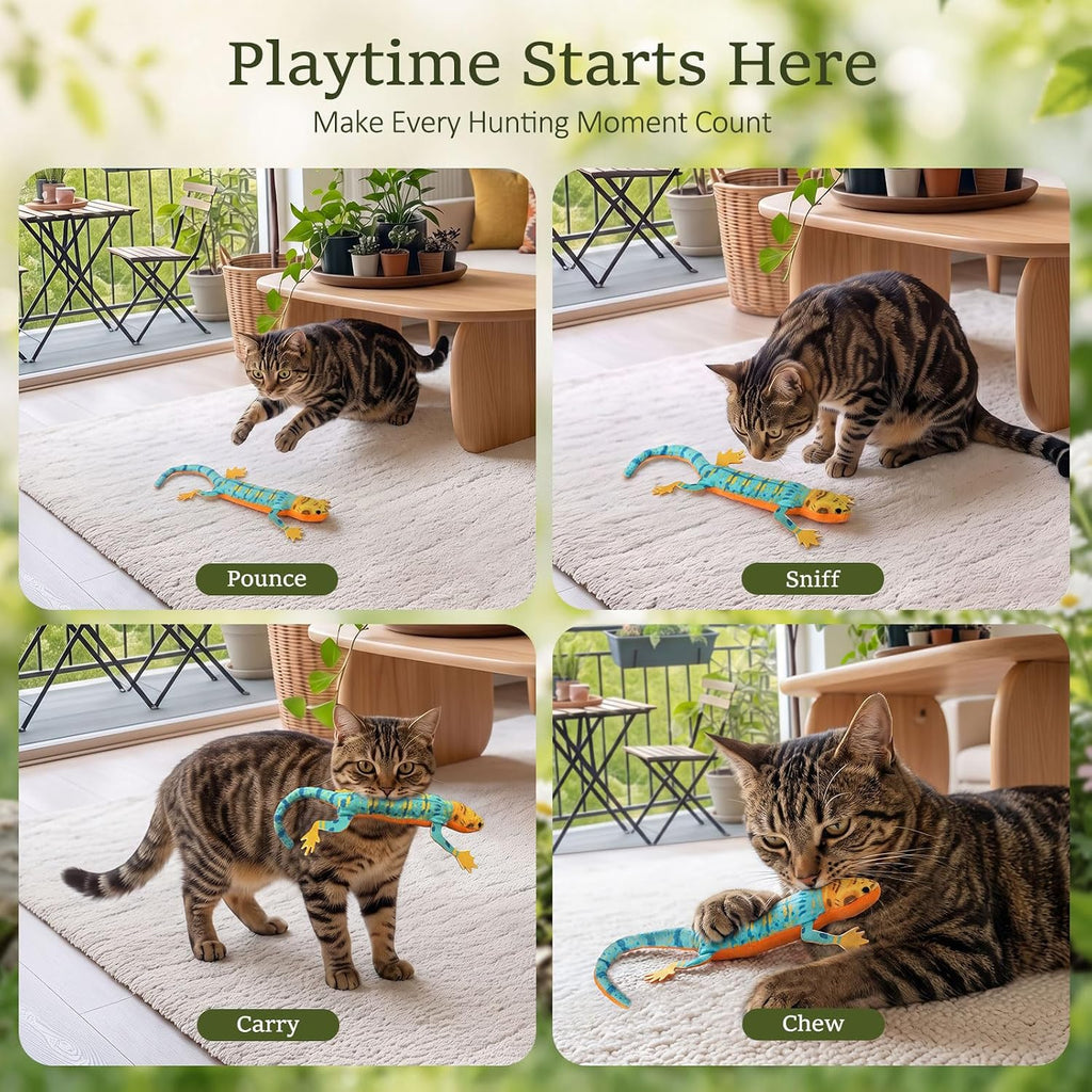 Plush Lizard Catnip Toys with Tree Trunk-shaped Pouch 5 Pack