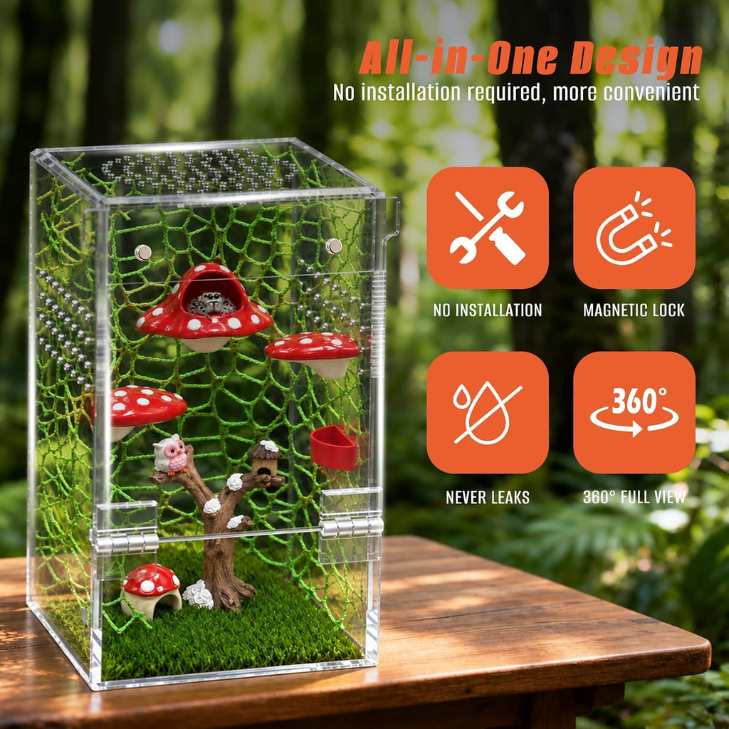 AZV Jumping Spider Enclosure Kit,Pre-Assembled 5 x 5 x 8 in Acrylic Habitat