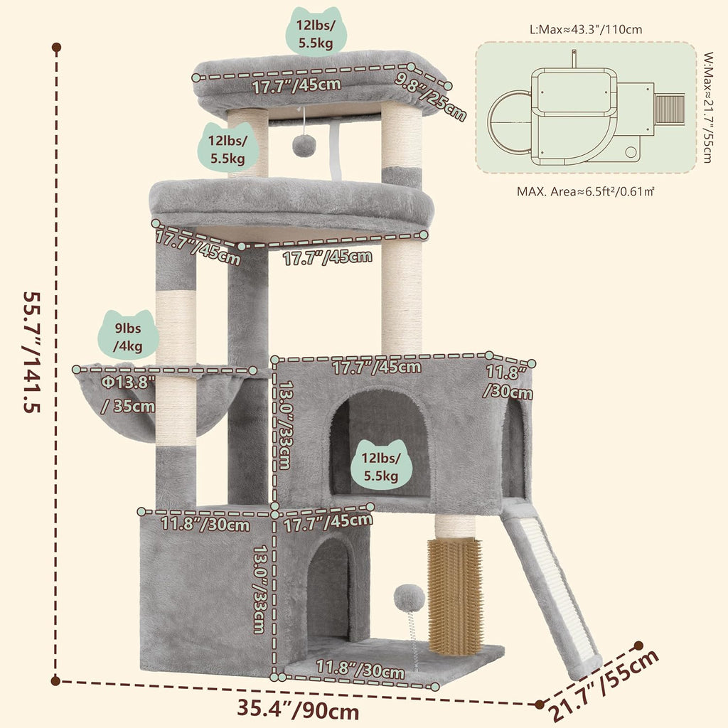 Heybly 55.7" Cat Tree with Stable Dual Cat Condos & Large Perch HCT052W