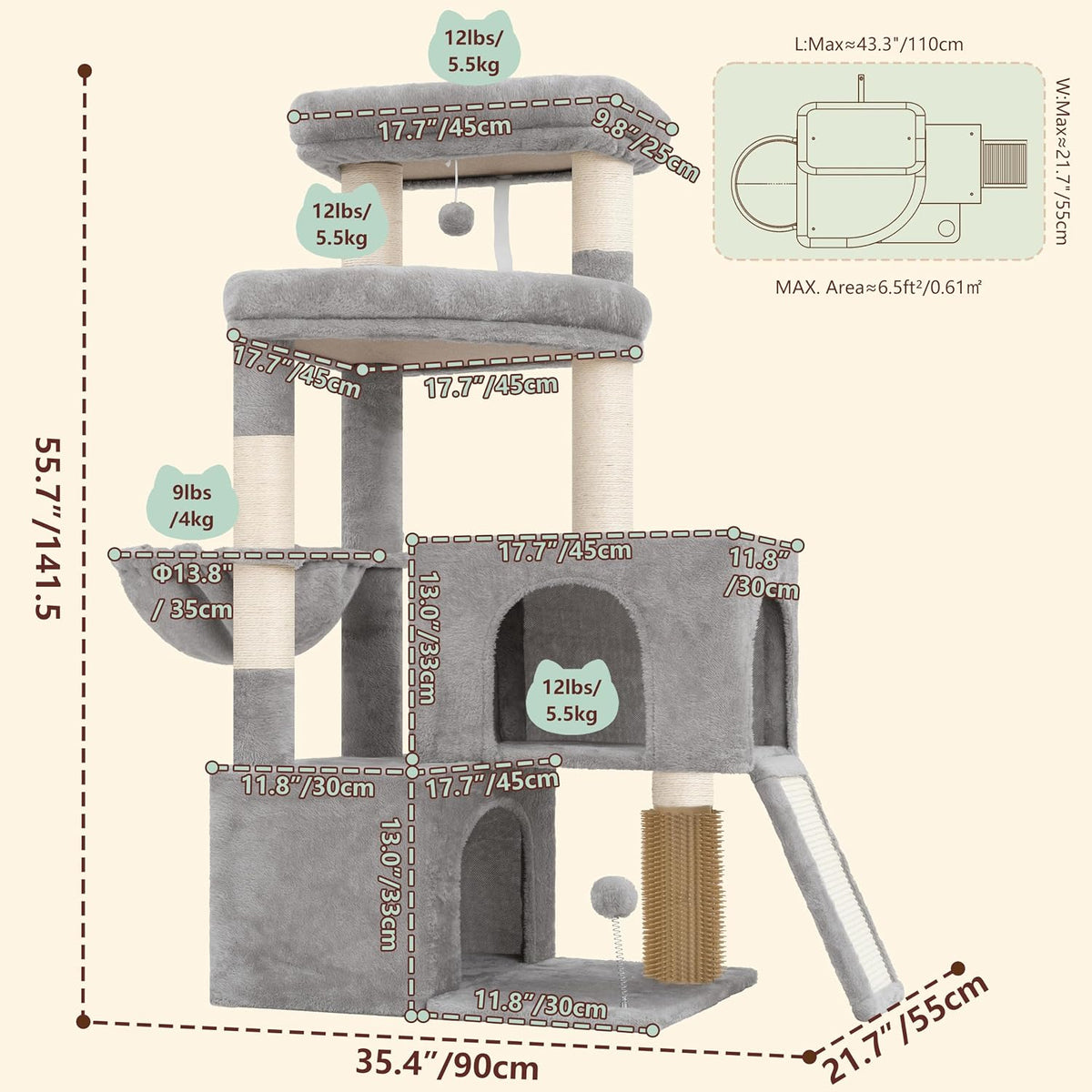 Heybly 55.7" Cat Tree with Stable Dual Cat Condos & Large Perch HCT052W