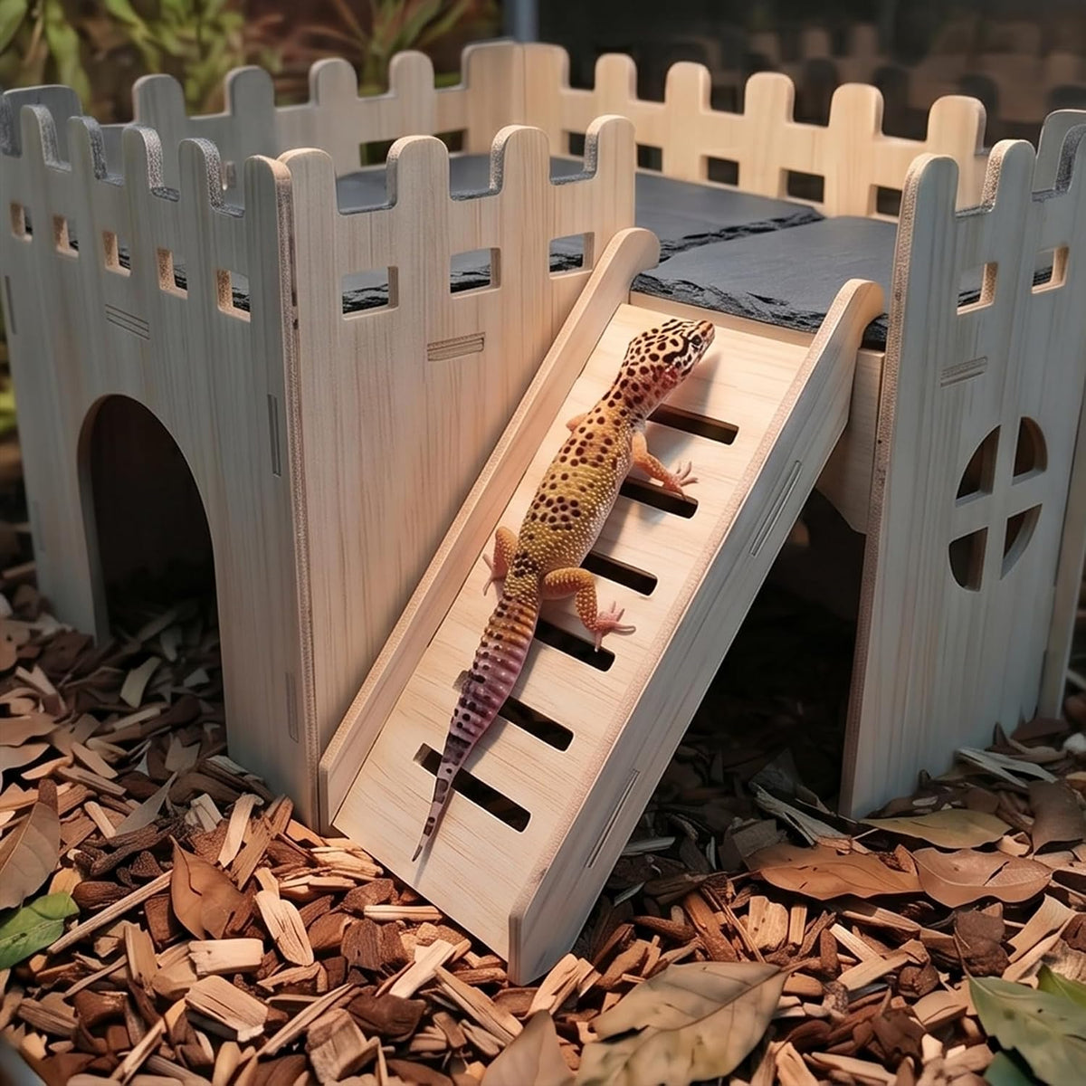Bearded Dragon Hide Cave Basking Platform - with Climbing Ramp,Wooden Lizard Hideout Accessories Terrarium Decor, Reptile Basking Platform Accessories for Bearded Dragons, Geckos, Snakes & Turtles