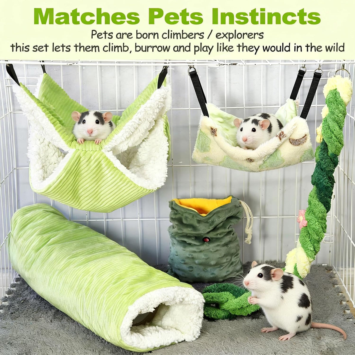 Hamiledyi Rat Hammock 5 Pack Sugar Glider Bed Climbing Ropes Toys Ferret Tunnel Hanging Hammock Swing Hideout Cage Accessories for Hamster Mice Small Animals