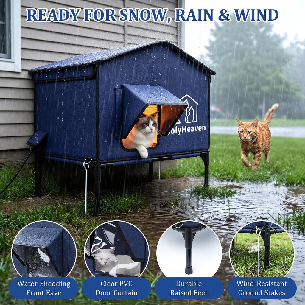 Extra Large PU Leather Heated Cat House for Outside, Waterproof Cat Houses for Outdoor Cats with Heating Pad & Escape Door, Elevated Feral Cat House for Outdoor Cats, 28 x 23 x 19 in (Blue)