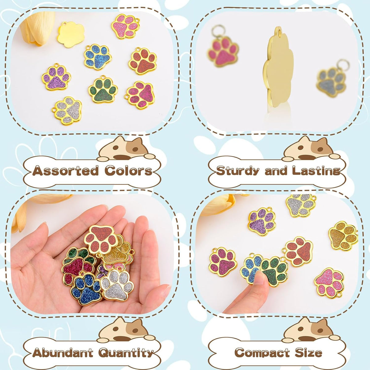 Pet ID Tag, 8 PCS Glitter Paw Print Pet ID Tags Personalized Dog Name Tag with 8 PCS Key Rings for Cats Dogs Puppy, Paw Shape