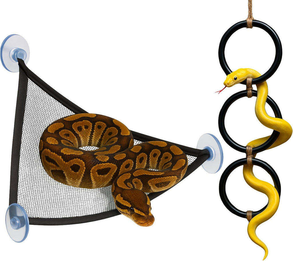 Snake Enrichment Toys Ball with Hammock, Snake Climbing Accessories and Hammock for Ball Python, Small Jungle Gym Ladder Toy, Reptiles Climbing Toy Hammocks, Snakes Tank Accessories (Black Ring, L)