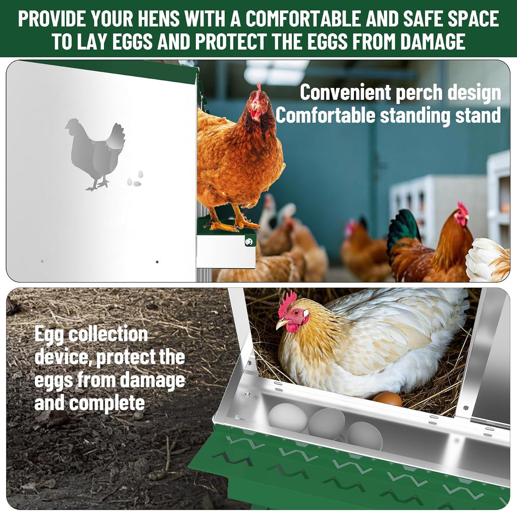 Chicken Nesting Boxes, 10 Compartments Nesting Boxes, Metal Chicken Laying Box with Roll Out Egg Collection with Vented Holes for Hens, Green