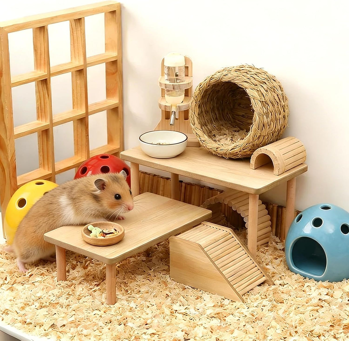 3 Pcs Hamster Platforms, Natural Pine Hamster Play Table, Rectangular & Triangle Hamsters Wooden Playground with Platforms for Hamsters, Gerbils, Mice, Squirrel, Small Pets Cage Accessories