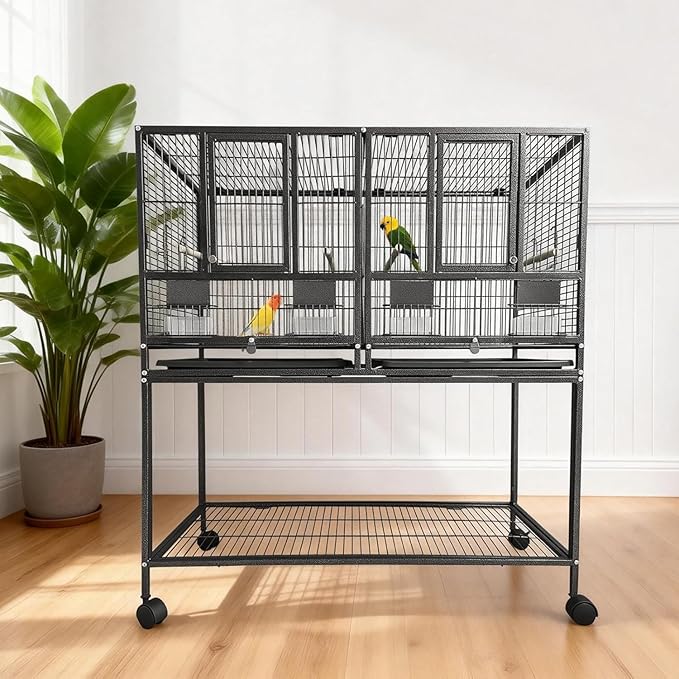 43 Inch Bird Cage with Wooden Perches, Standing Wrought Iron Birdcage with - Image 8
