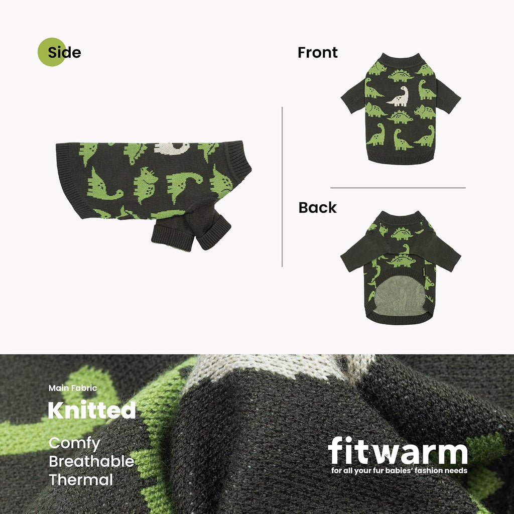 Fitwarm Dinosaur Dog Jacquard Sweater, Knitted Winter Clothes for Small Dogs Boy Girl, Cozy Pet Outfit, Dark Green, Olive, White, Medium