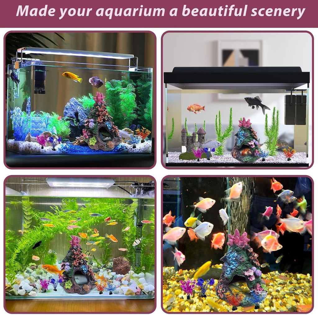 Coral Small Fish Tank Decorations with 4PCS Artificial Aquarium Plants