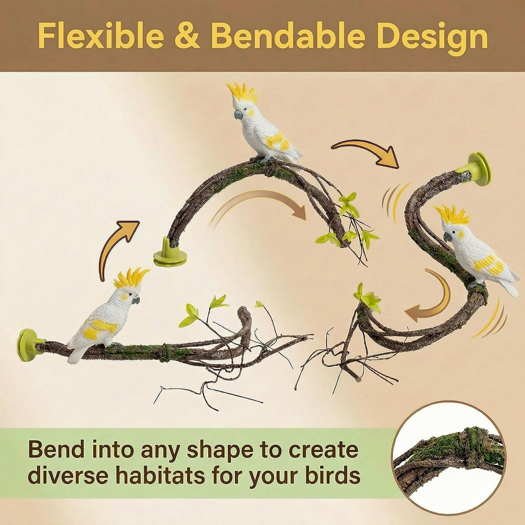 Large Natural Bird Perch for Cage, Bendable Tree Branch Parrot Perch Stand with Leaf Design, Bird Cage Accessories for Macaw, African Grey Parrot, Cockatiel, Cockatoo (Large)