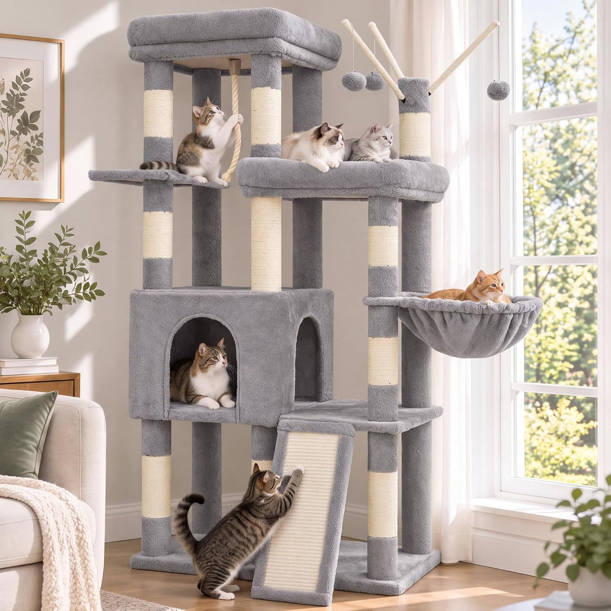 Heybly 55.1" Cat Tree with Stable Double Platforms for Indoor Cats HCT053G