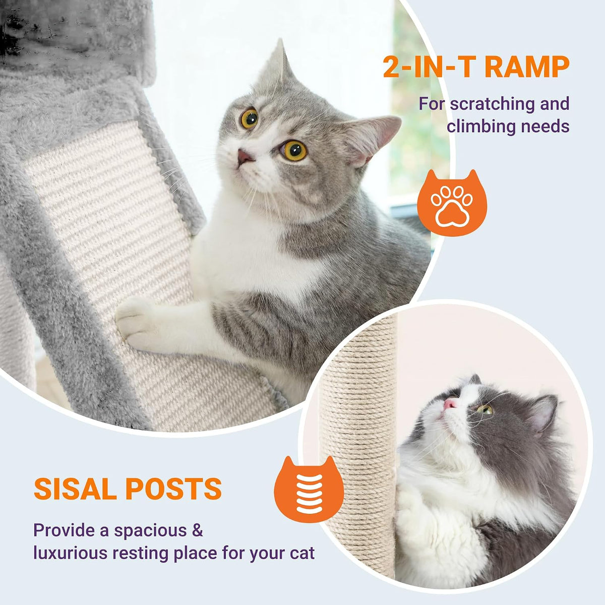 Allewie 81 Inches Tall Cat Tree/Multi-Level Large Climbing Tree House and Towers for Big Feline/Condo and Hammock/Scratching Post/Wide Base/Grey