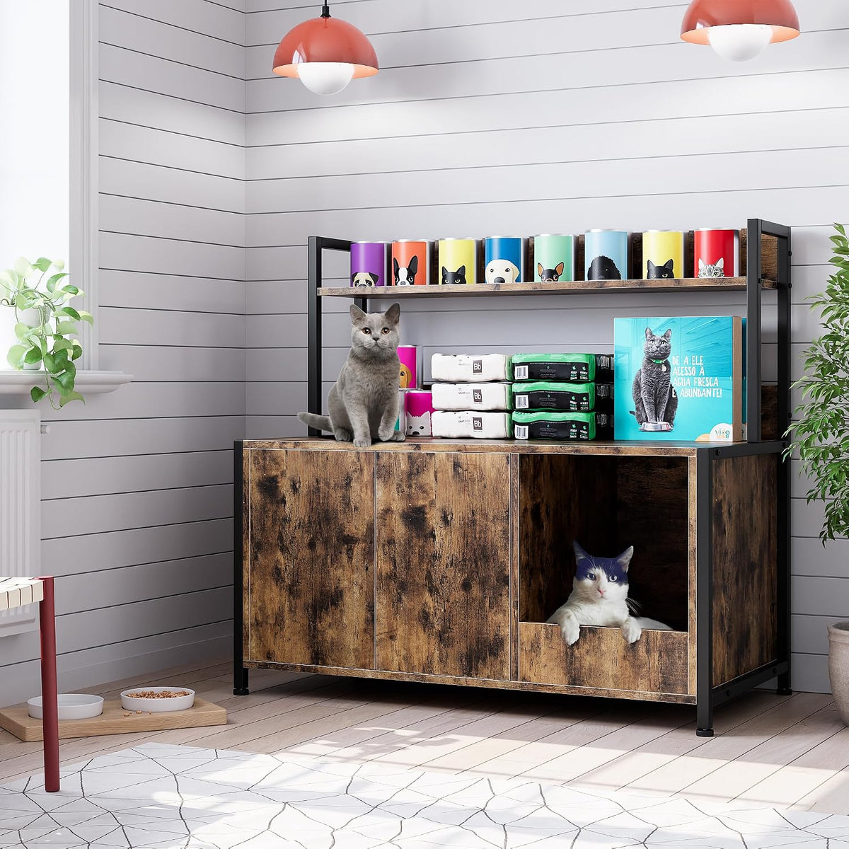 GarveeHome Litter Box Enclosure, Cat Litter Box Furniture with Removable Divider, Large Hidden Litter Box Furniture, Wooden Cat House, End Side Table, Rustic Brown