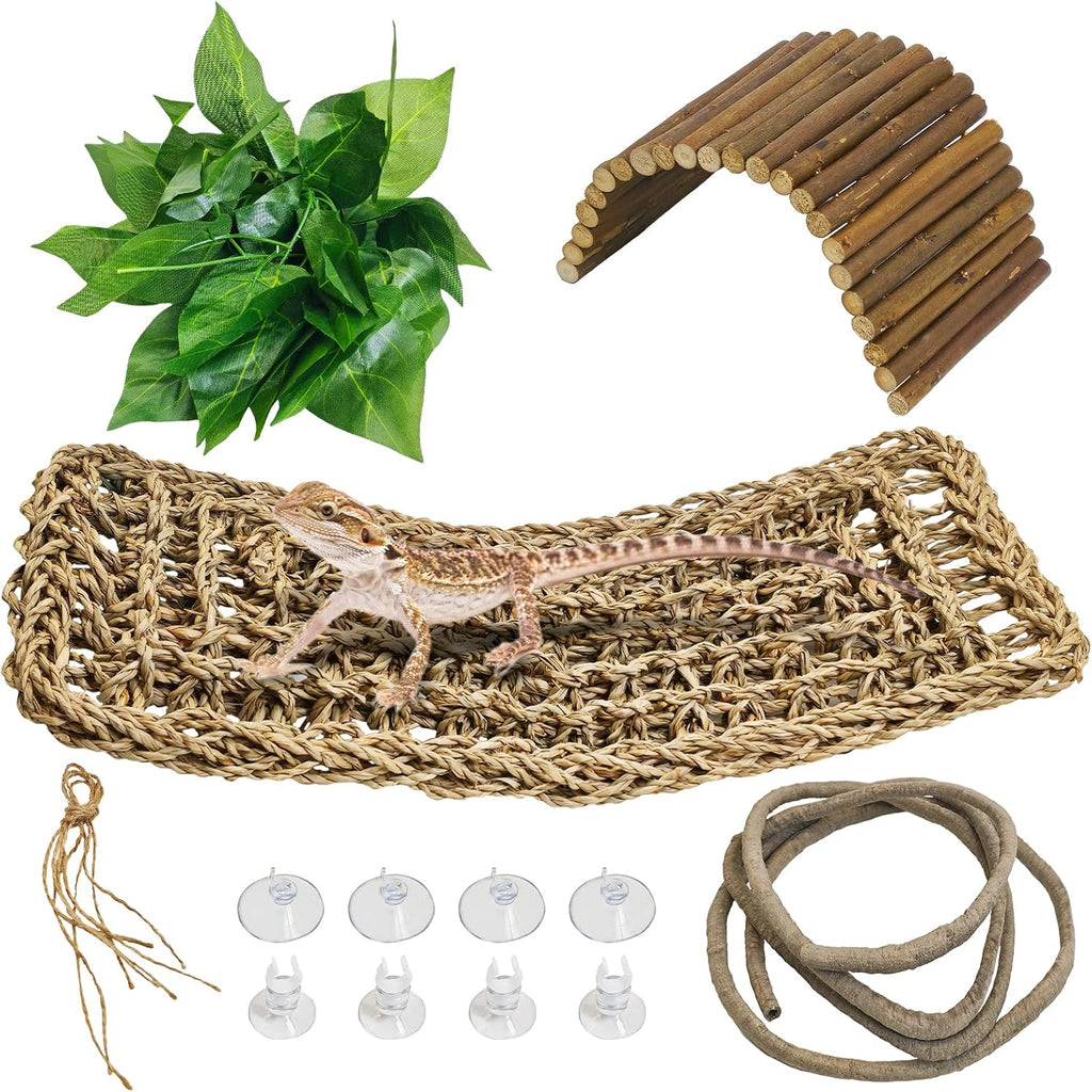 kathson Bearded Dragon Tank Accessories Kit, Reptile Hide Wooden Bridge Terrarium Liner Triangle Hammock Jungle Climber Vines Leaves and Plant Reptile Habitat Decor for Chameleon Lizards Gecko Snakes
