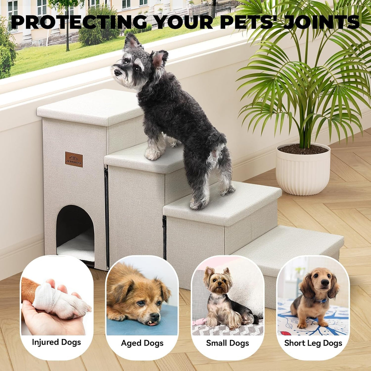 Zerbuger 4 Step Beige Dog Stairs with Storage, 23" High Folding Pet Steps