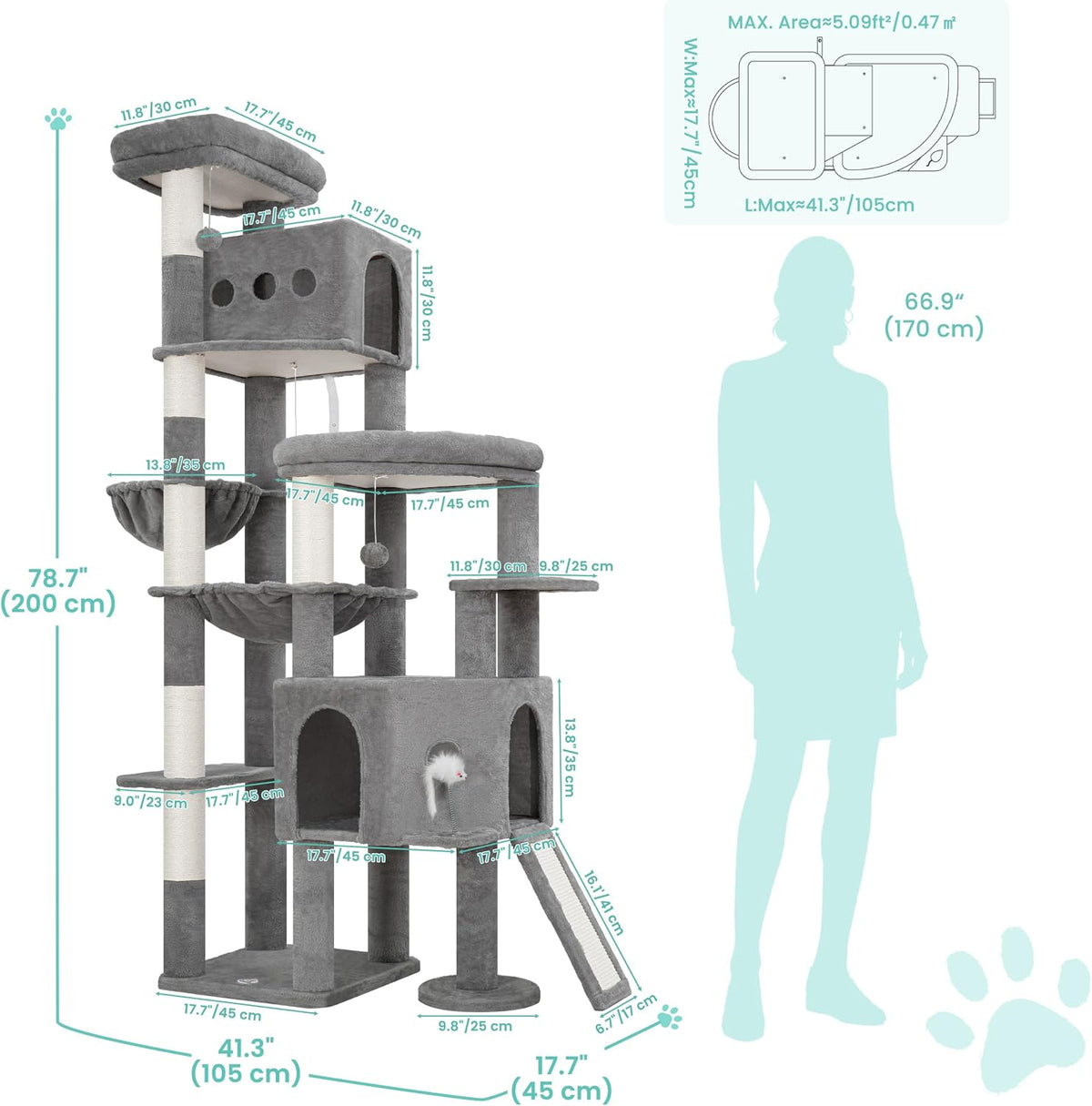 Cat Tree, 78.7" Tall Heavy Duty Cat Tower for Indoor Cats VCT033W