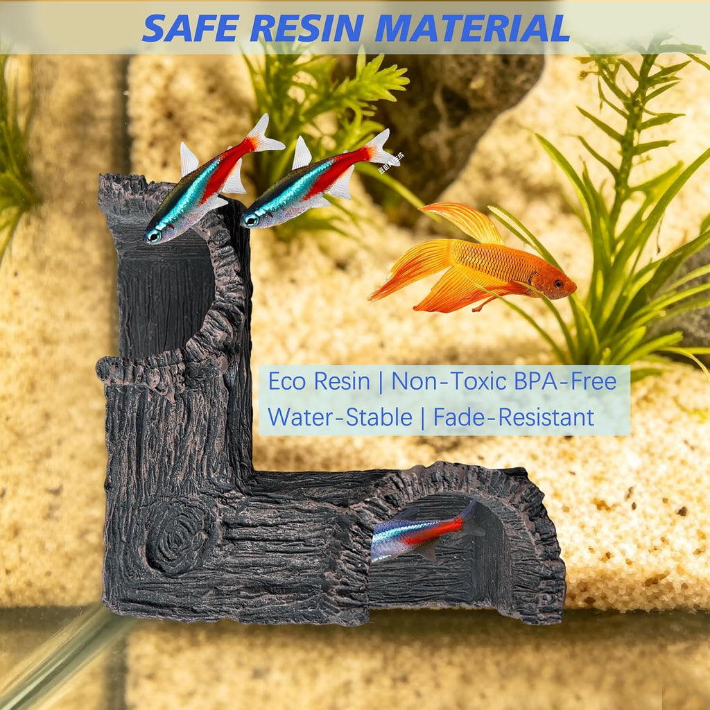 Fish Tank Decorations, 5.1" x 2" x 2.7" Resin Tree Bark Dual-Hole Aquarium Cave, Perfect Hiding Spot for Guppies, Neon Tetra, Cherry Shrimp