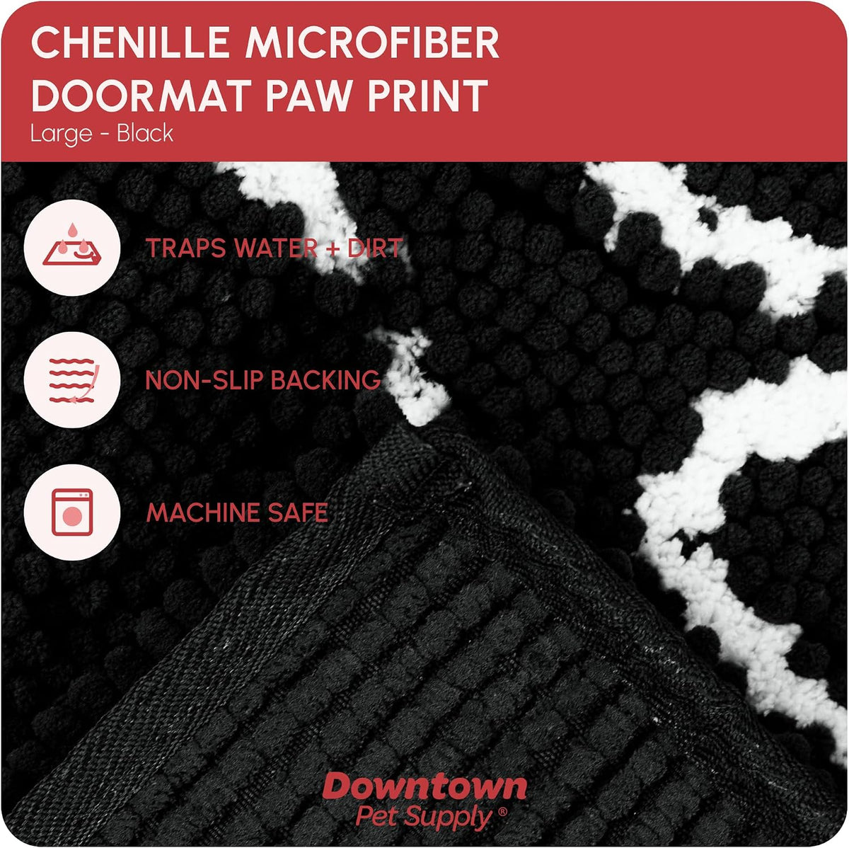 Microfiber Dog Mat for Muddy Paws, 36" x 26" Black with Paw Print - Absorbent and Quick-Drying Dog Paw Cleaning Mat, Washer and Dryer Safe - Non-Slip Rubber Backed Pet Mat, Large