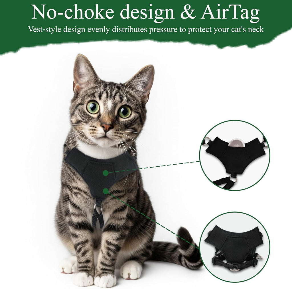 A1HC Escape Proof Cat Harness and Leash - Soft Adjustable Vest, Comfortable Mesh and Long Strips with Air Tag Pocket, Easy Control, Safe Walking Harness for Cats & Kittens - Black (Medium)