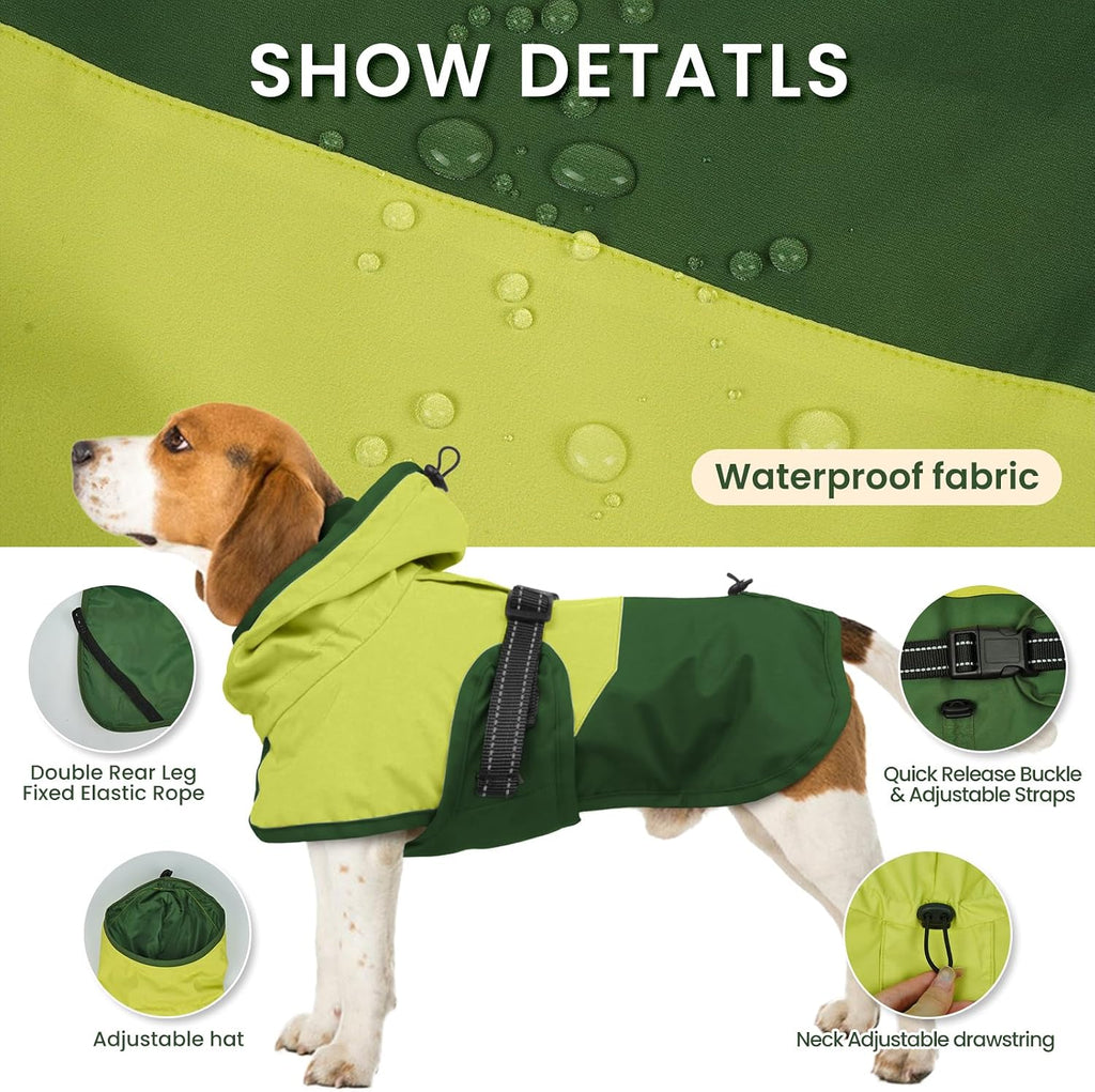 BRKURLEG Dog Raincoat, Waterproof Rain Jacket with Hood, Green, L